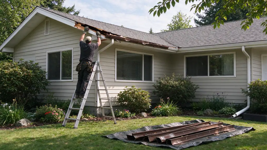 Old sectional gutter being lifted off the fascia of a one-story house during a replacement