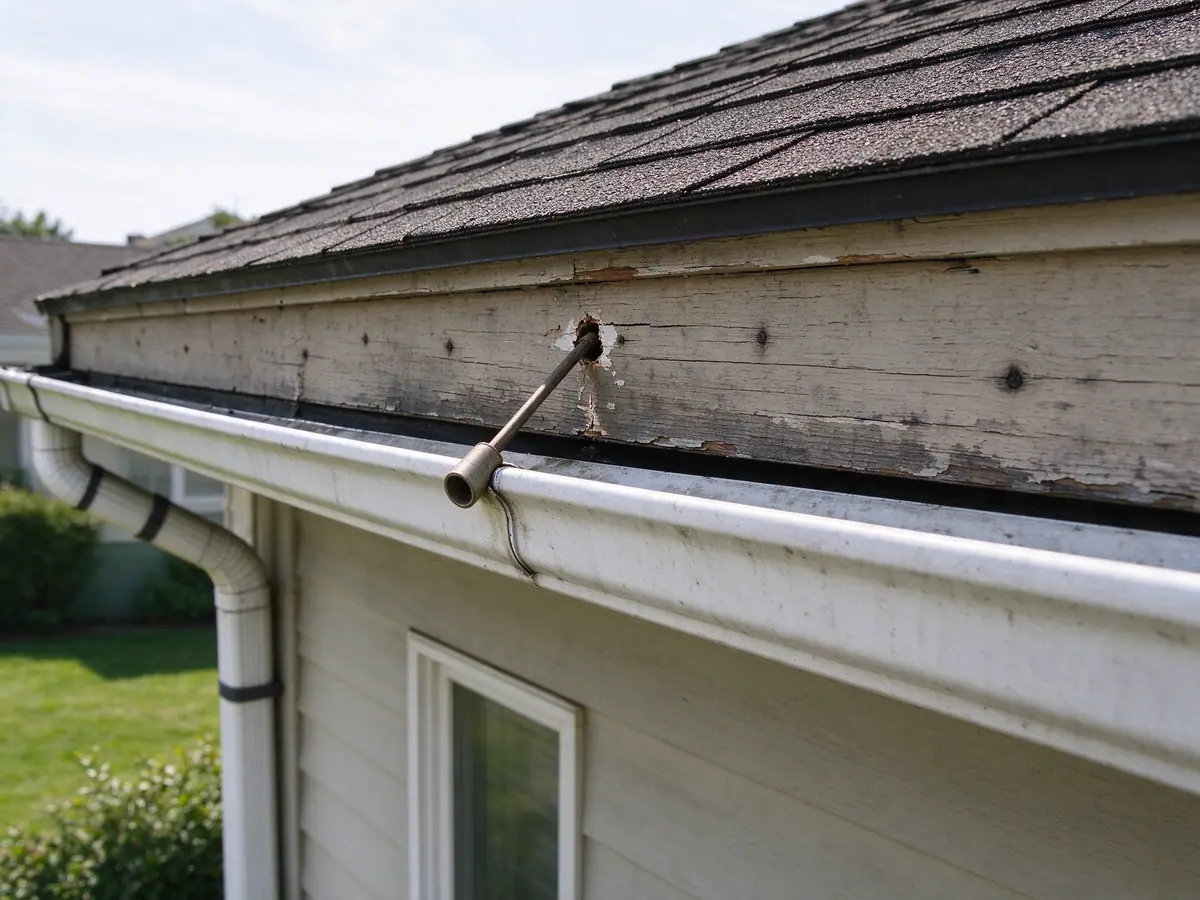 Old spike and ferrule pulled out of a softened fascia board