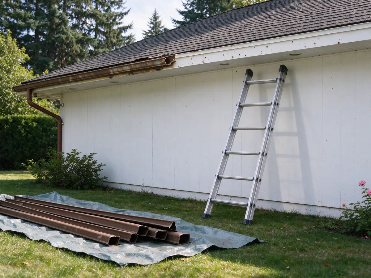 Old steel gutter partly torn off a fascia, with removed sections stacked on a tarp