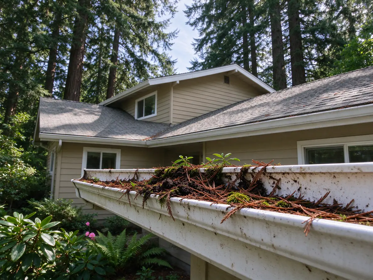 Open gutter packed with fir needles and moss under a tree line on a Kent East Hill house
