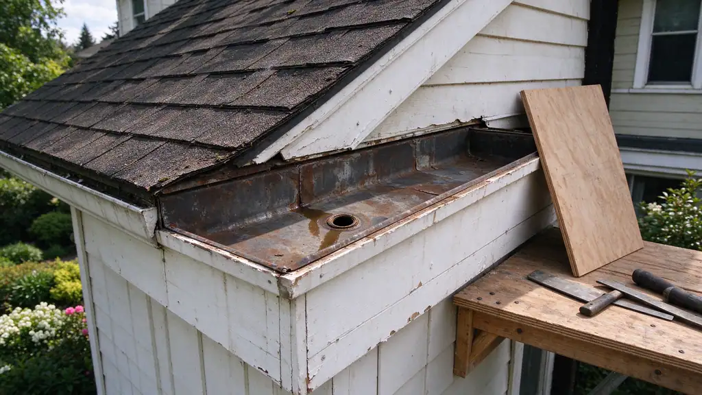 Opened built-in box gutter in a painted wood cornice, showing a worn metal lining and outlet