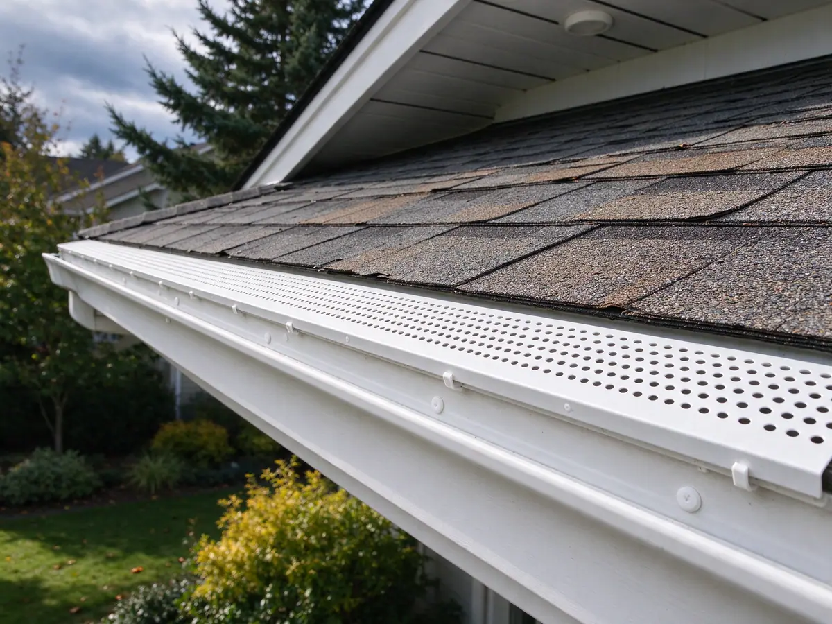 Perforated aluminum gutter screen clipped to the front lip of a gutter