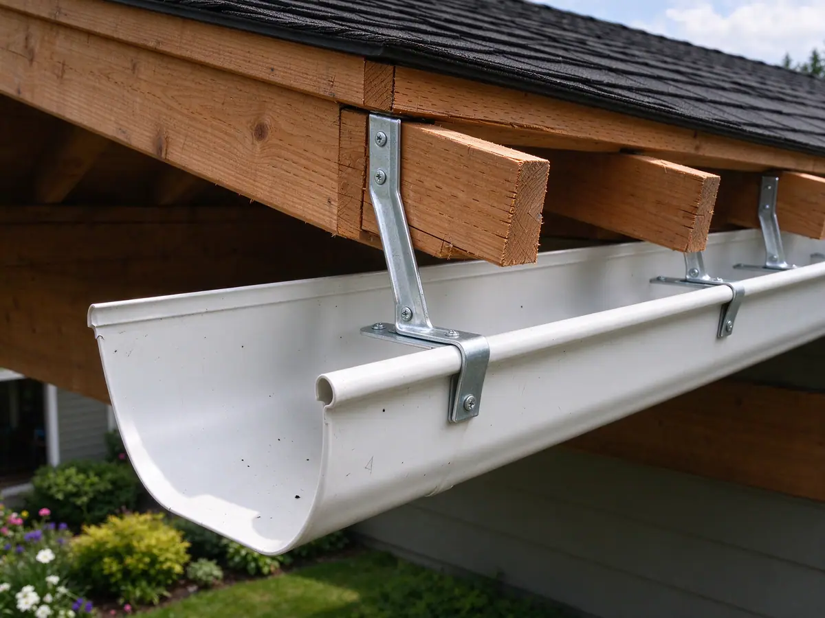 Rafter bracket holding a half-round gutter under exposed rafter tails