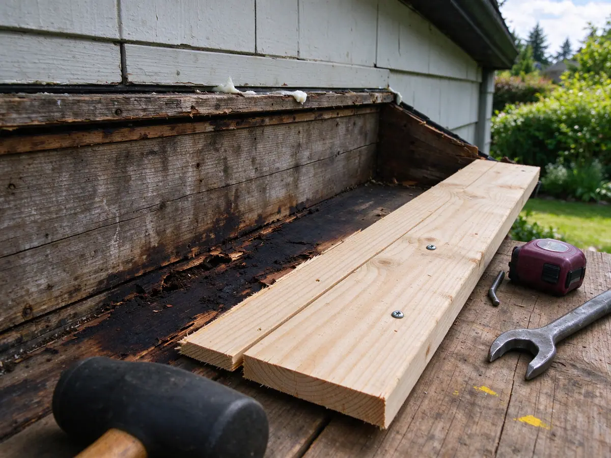 Rotted bottom board being replaced inside a box gutter on an older house