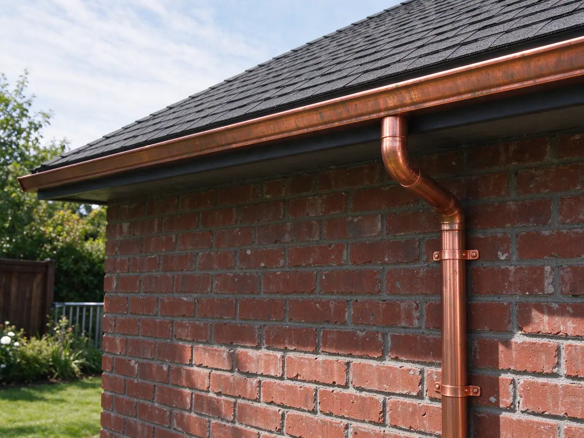 Round copper downspout with a soldered elbow and copper strap on a brick wall