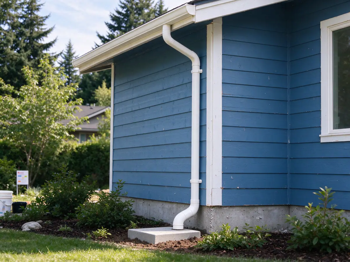 Round downspout with a rotated elbow strapped to lap siding