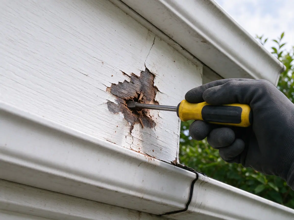 Screwdriver probing a soft fascia board behind a gutter line
