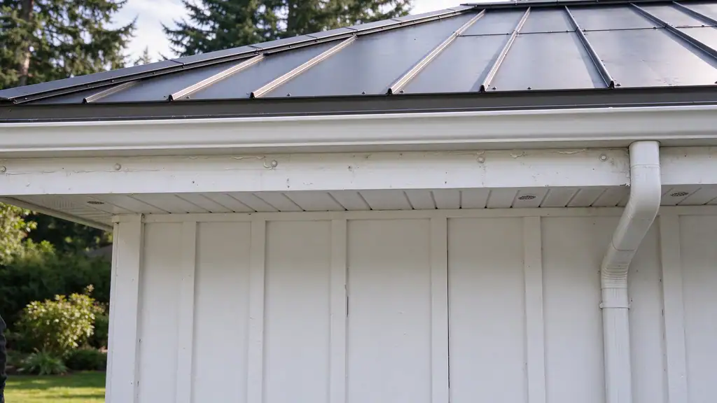 Seamless aluminum gutter under the eave of a standing seam metal roof with the panel edge overhanging it