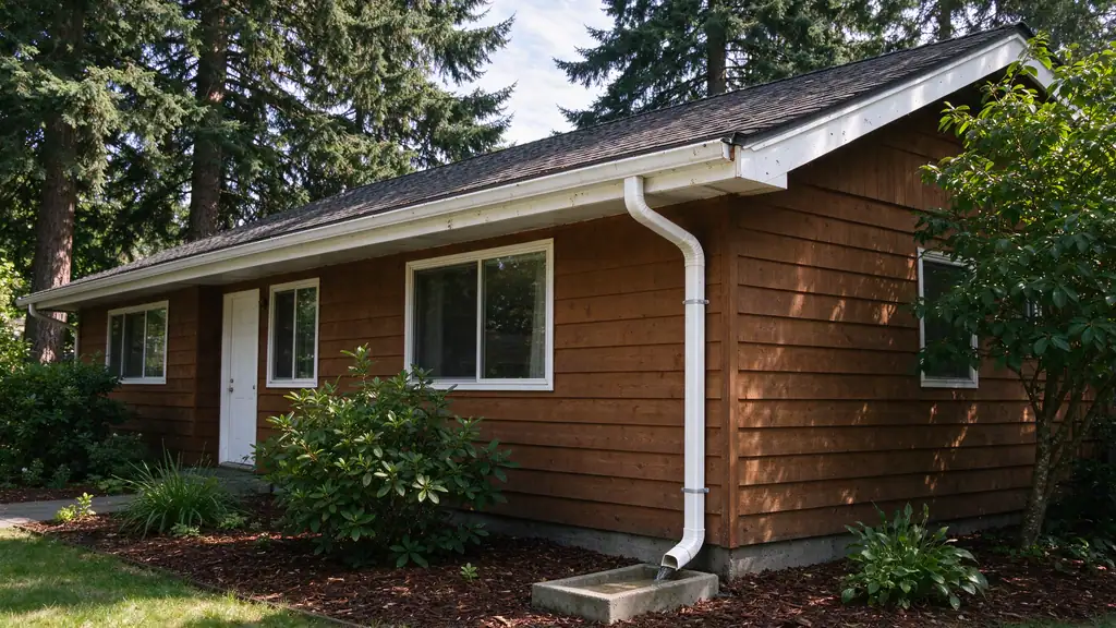 Seamless gutter and downspout along a one-story house beneath tall evergreens in Federal Way, WA