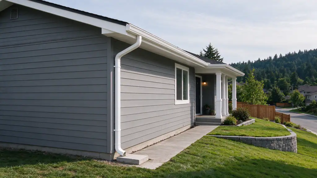 Seamless gutter and downspout along the side of a house on a hillside street in Auburn, WA