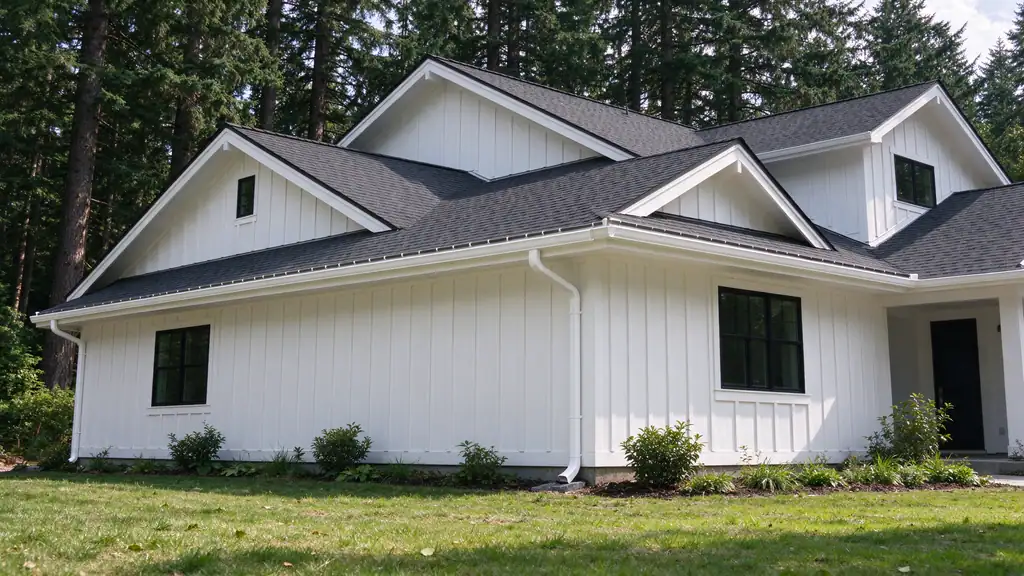Seamless gutter and downspout on a newer two-story house with tall conifers behind it in Black Diamond, WA