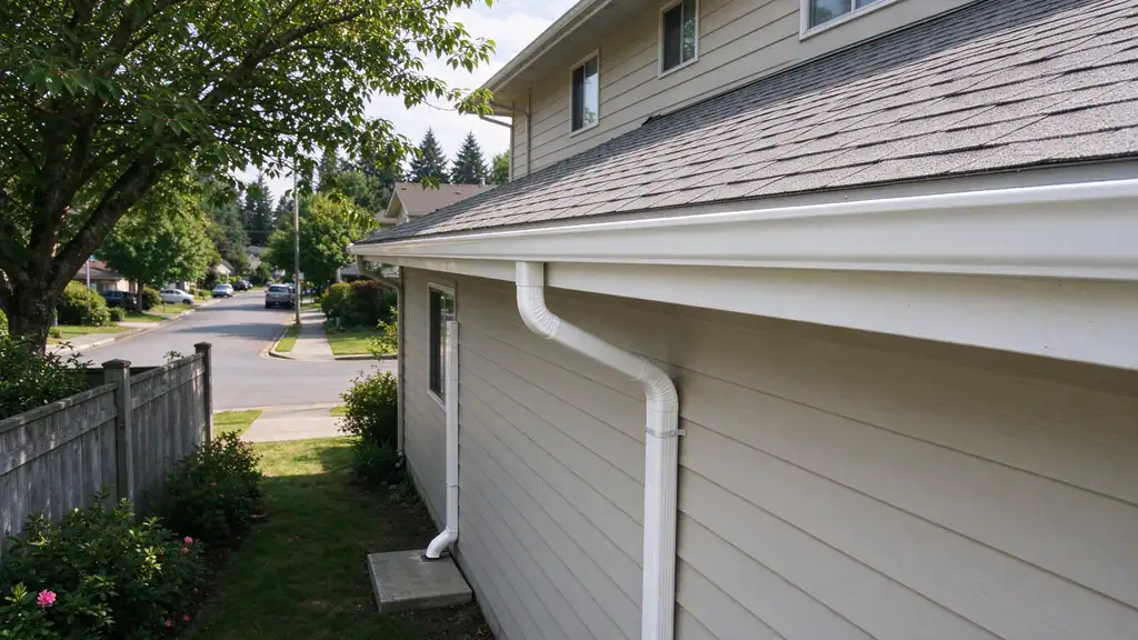 Seamless gutter and downspout on a two-story house in a Renton, WA neighborhood
