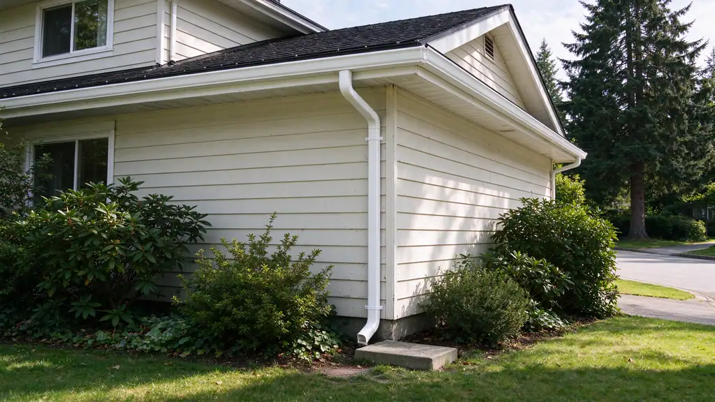 Seamless gutter and downspout on a two-story house on Kent's East Hill near Lake Meridian