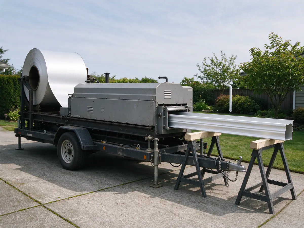 Seamless gutter machine forming a K-style aluminum run beside a house