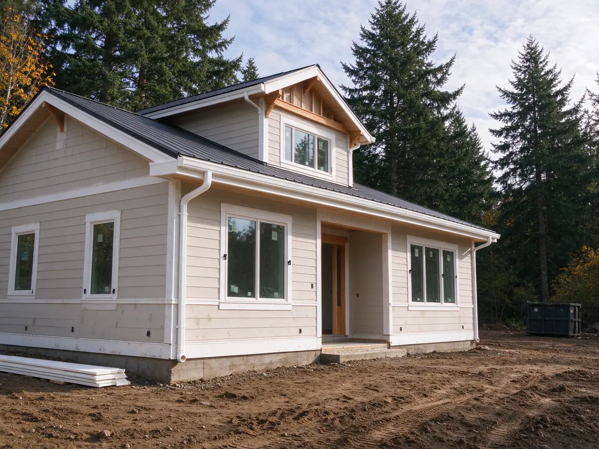 Seamless gutter run on a new two-story house before landscaping
