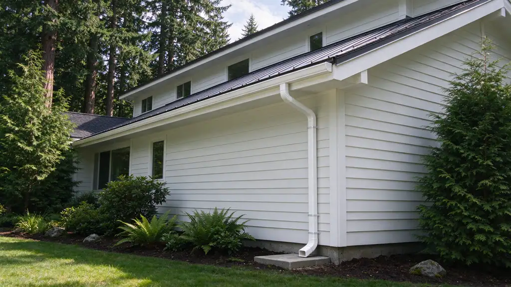 Seamless gutters and a downspout on the side of a two-story house among evergreen trees in Maple Valley, WA