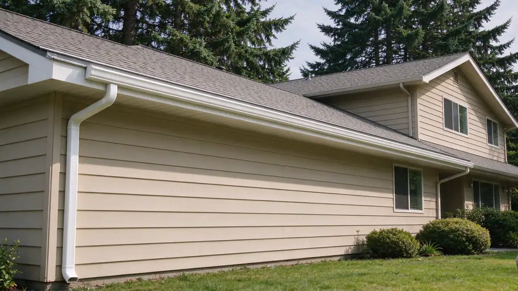Seamless K-style aluminum gutter run along the eave of a two-story house