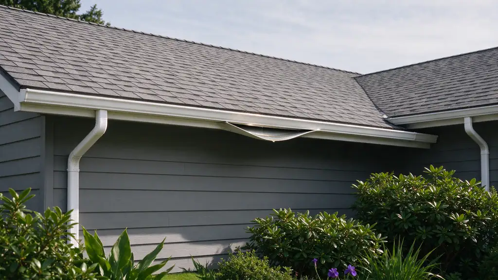 Section of aluminum gutter sagging away from the fascia between two hangers on a house eave