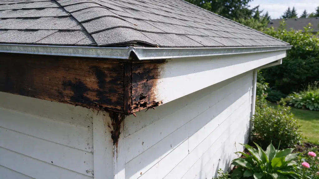 Section of rotted fascia board exposed behind a removed gutter at the corner of a roof