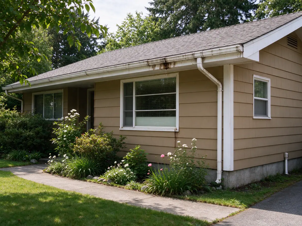 Sectional gutters with a dripping lap joint and stained fascia on a one-story Kent ranch