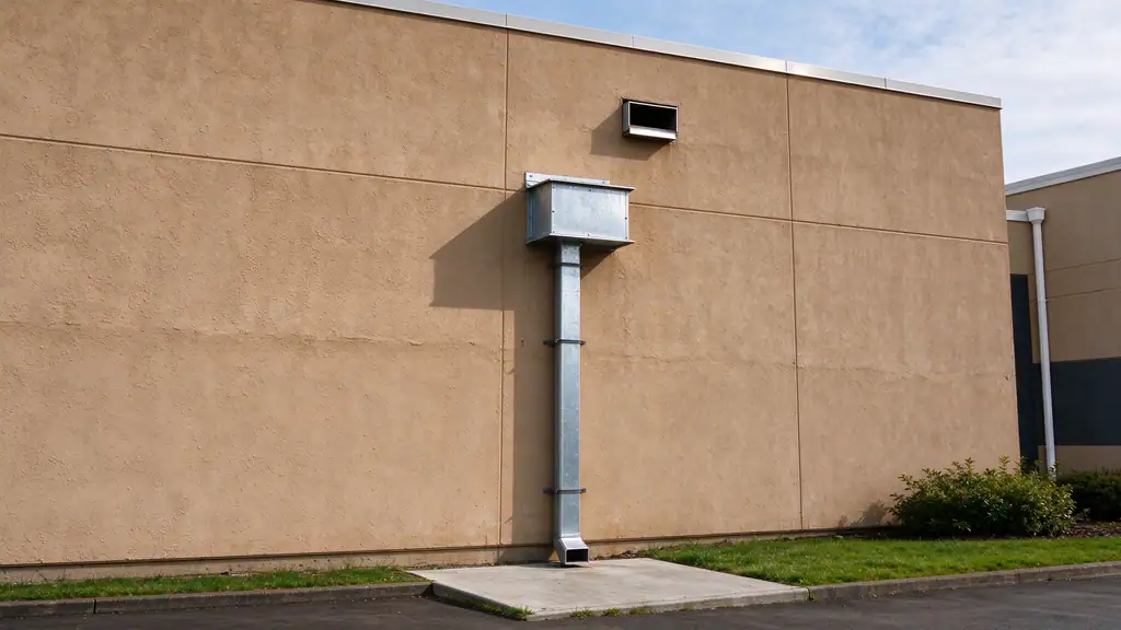 Sheet metal conductor head and large rectangular downspout on the wall of a low-slope commercial building