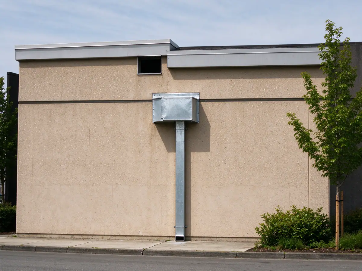 Sheet metal conductor head and rectangular downspout on a stucco commercial wall