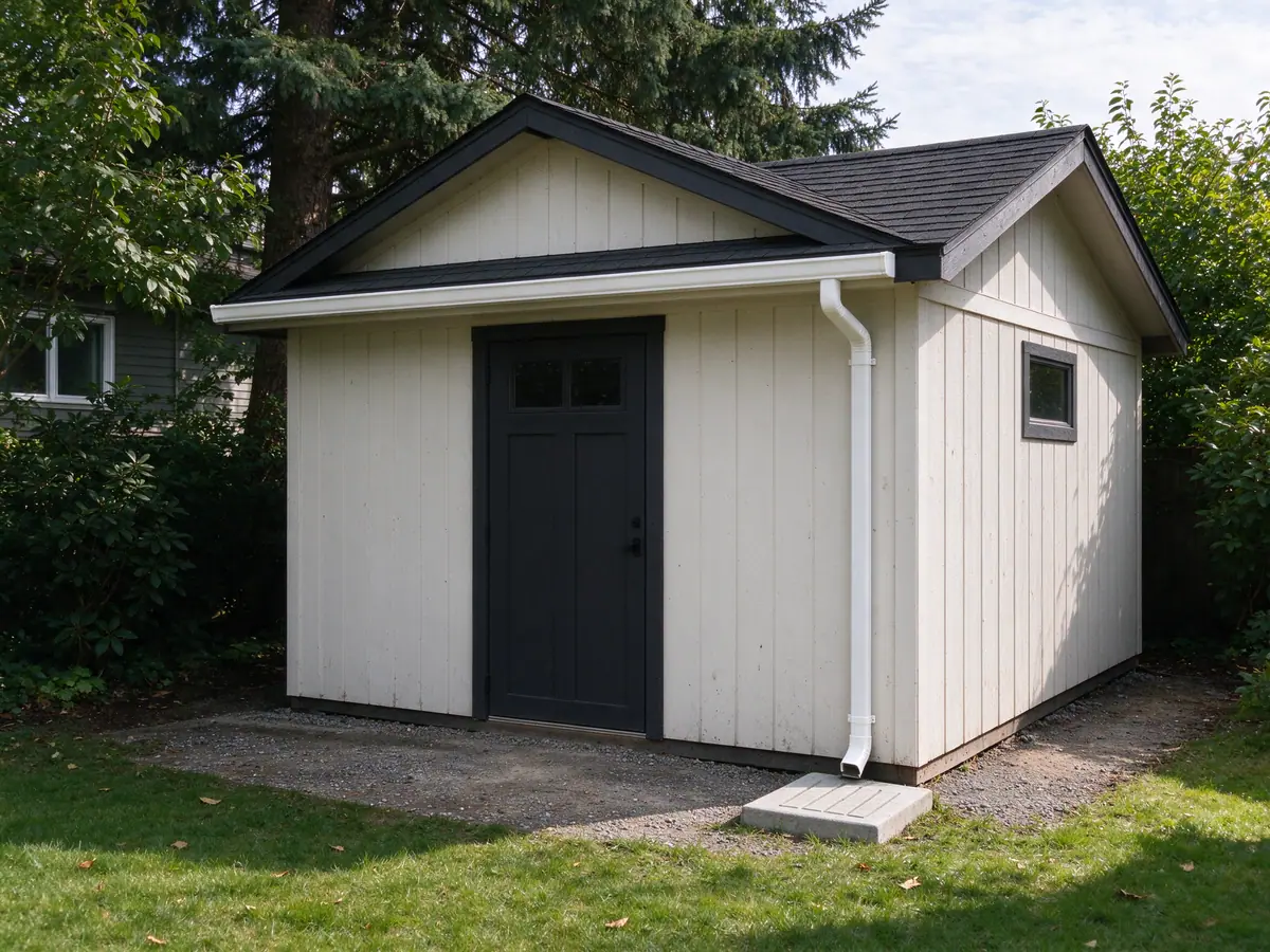 Short seamless gutter run along the eave of a backyard shed