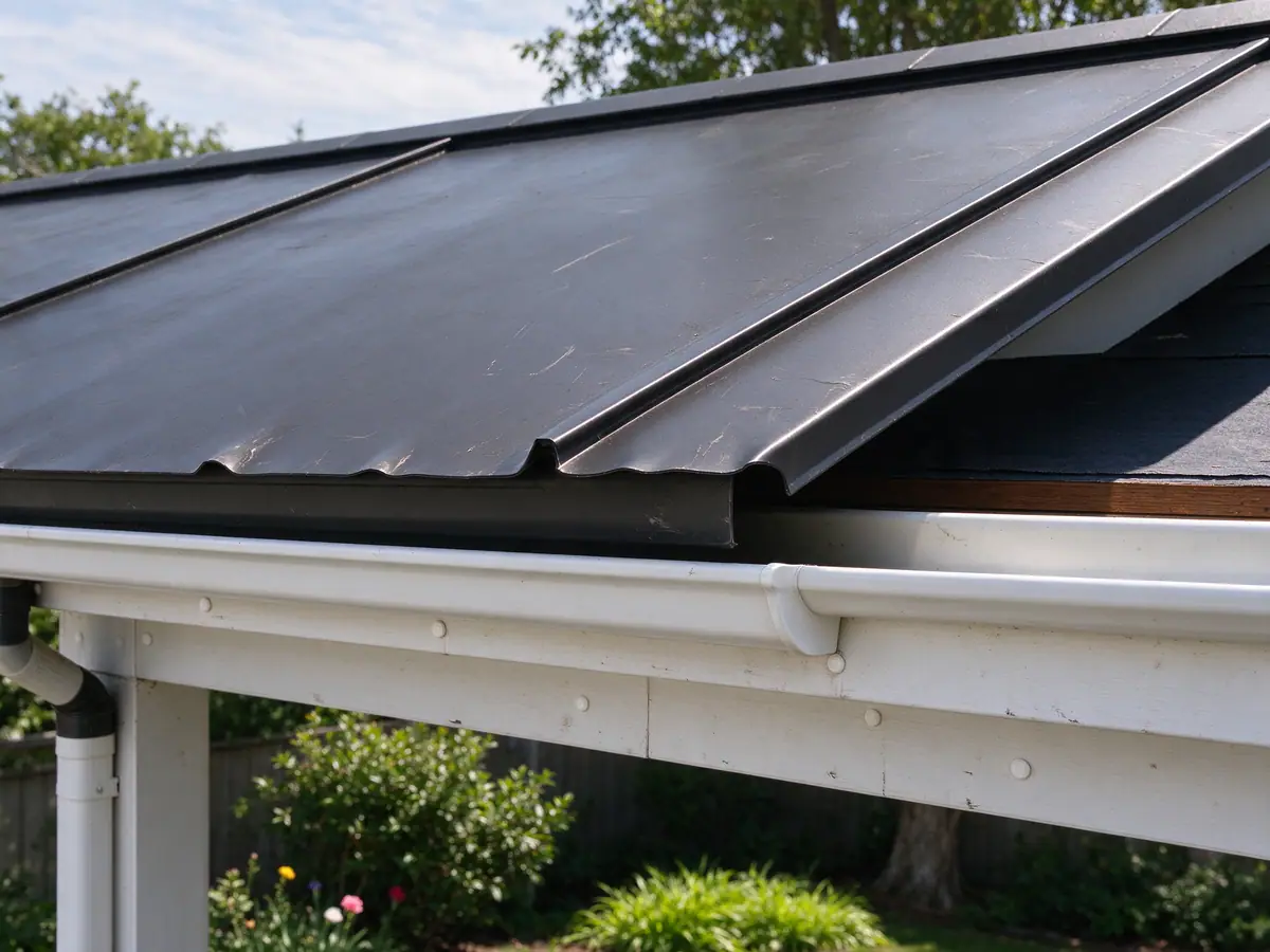 Standing seam metal panel edge overhanging a K-style gutter