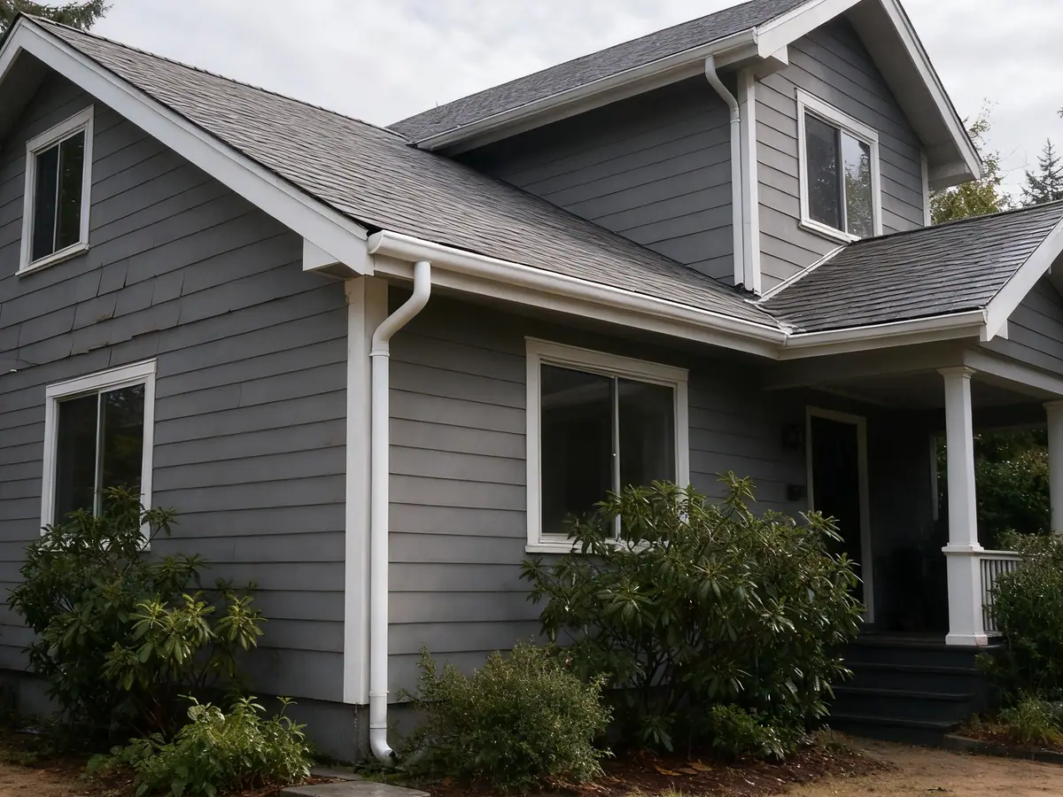 The same corner resealed, with the gutter tight to the fascia and draining to the downspout