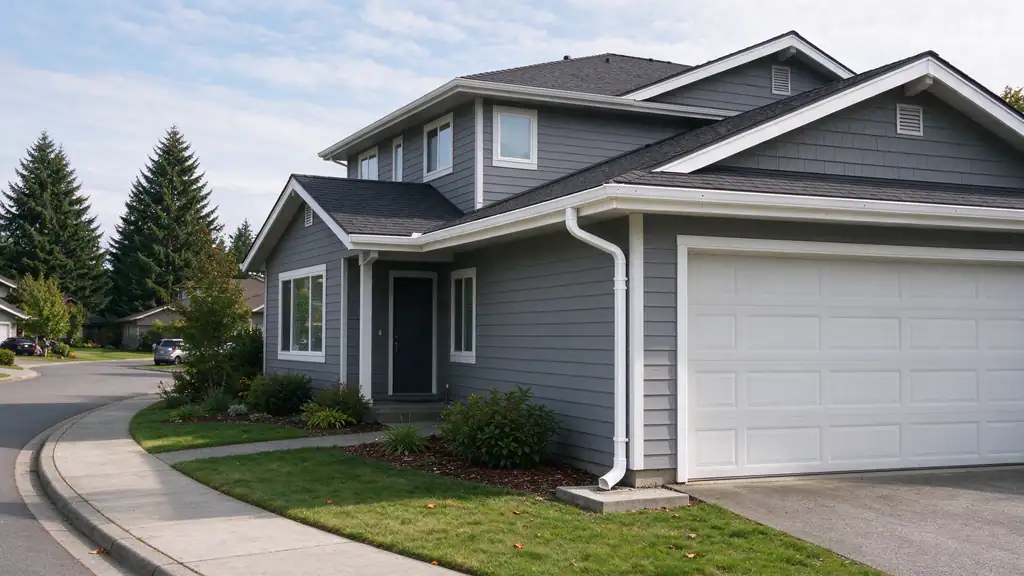 Two-story house with seamless gutters and a corner downspout on a suburban street in Covington, WA