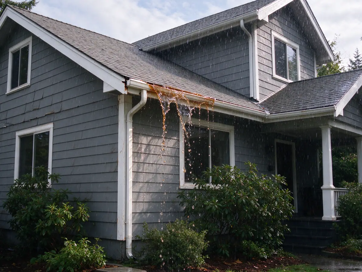 Water pouring from a failed gutter corner on a two-story Kent house