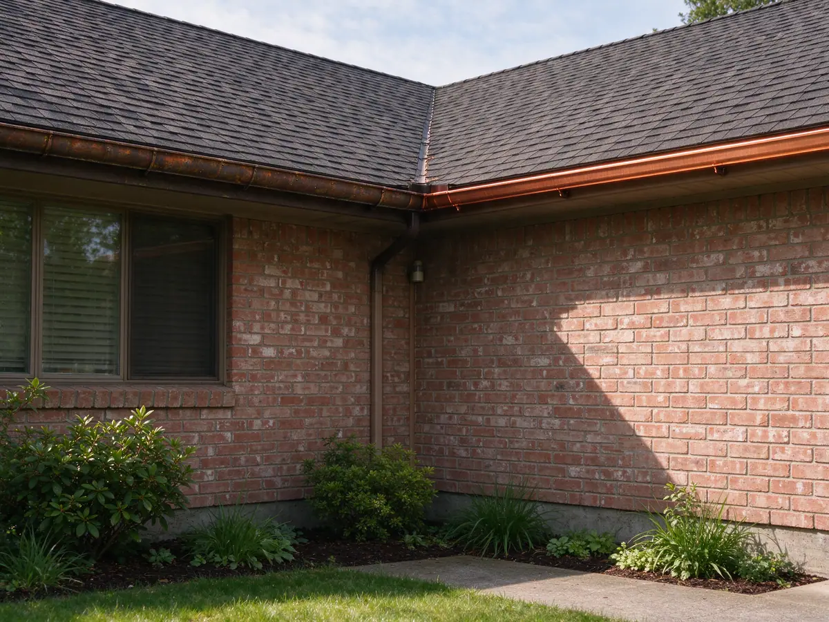 Weathered brown copper gutter beside a newly installed bright copper run